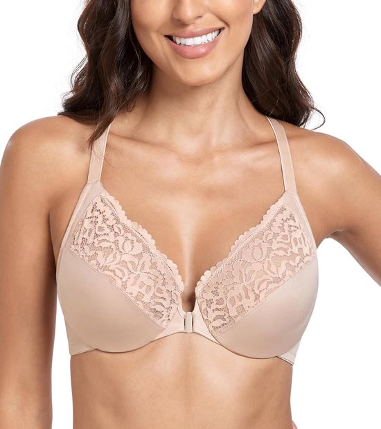 Vershcluss beha voor dames, volledige cups, ongevoerd, beugel, T-shirt, beha, comfort, grote maten, T-rug, bloemenkant, beige, 80G