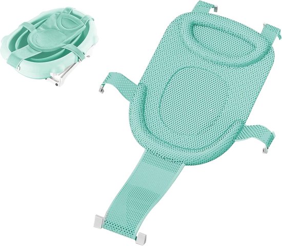 Verstelbare Antislip Baby Badmat met Veiligheidsgordel, Ideaal voor Pasgeborenen en Peuters, Comfortabele Badervaring met Netstructuur (Groen)