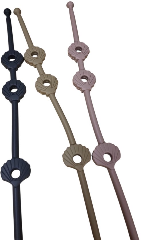 Verstelbare bandjes - Ketting - Koord - Silicone - rekbare veiligheidsriempjes voor speelgoed - Aan de kinderwagen - Kinderstoel - Autostoel - Anti weggooi - Bekercatcher - Baby - 50cm - Schelp - Set van drie bandjes - Donker Grijs Beige en Rose