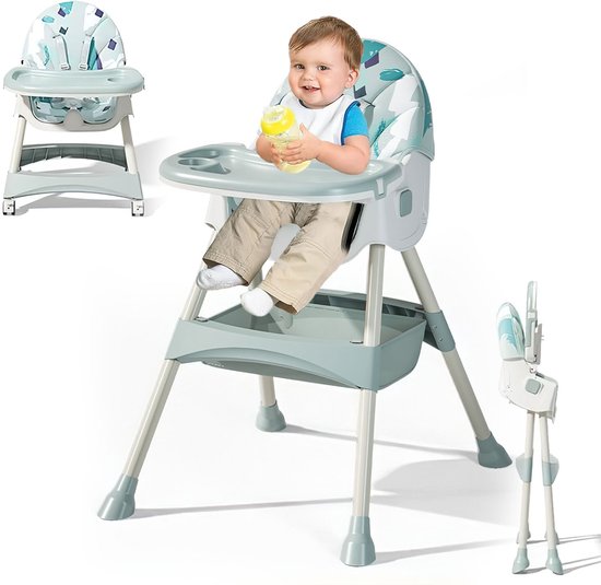 Verstelbare Kinderstoel - Baby Eetstoel Met Ligstand - Multifunctionele Kinder Eetstoel - In Hoogte Verstelbaar - Opvouwbaar Dienblad - Zwenkwielen - Voor Baby's Van 6 Maanden Tot 6 Jaar - Wolkengroen