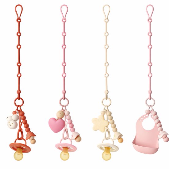 Verstelbare Siliconen Baby Koorden - Speenkoord - Set van 4 (Roestbruin, Roze, Donkerroze, Beige) - 52 cm - voor Speen, Bijtring of Speelgoed - BPA-vrij, Vaatwasser- & Uitkookbaar - 52 cm van Merkloos