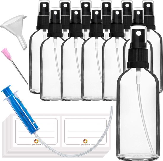Verstuiver Glazen Fles 100ml - Helder Glas - 12st Set - Zwarte Verstuiver - Transparant - Apotheek Fles met Accessoires van VER