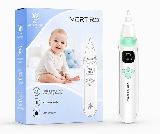 Vertiro® Elektrische Neusreiniger Baby - Neuszuiger Baby - Nasofree Alternatief - Snotzuiger - 3 Zuigstanden - USB-C Oplaadbaar - Muziek & LED - CE-gecertificeerd - Neusaspirator 0-12 Jaar