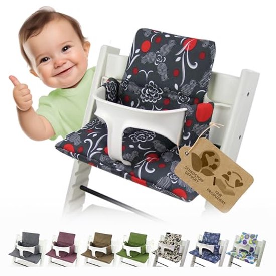 Vervangende hoes voor zitkussen en stoelverkleiner - Compatibel met Tripp Trapp kinderstoel - Grijs Rood Vogels van Ukje