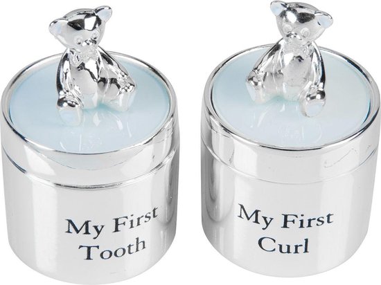 Verzilverd set 1ste tanden- en haarlokpotje blauw van Merkloos