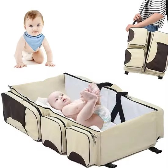 Verzorgingstas Baby - Aankleedkussen met Uitklapbaar Bed - 3 in 1 Luiertas Rugzak - Babybed - Verschoonmand - Mombag - Verschoonkussen - Luiertassen - Babyspullen - Beige - Rugzak - Rugtas - Rugzak Dames - Rugzak Meisje - Rugzakken - Verzorgingstas van Merkloos