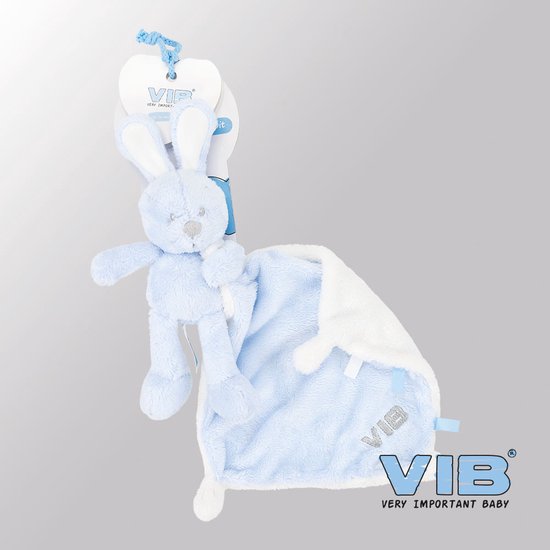 VIB® - Pluche Konijn houdt doekje vast VIB (Blauw) - Babykleertjes - Baby cadeau - zwangerschap aankondiging - geboorte cadeau van VIB®