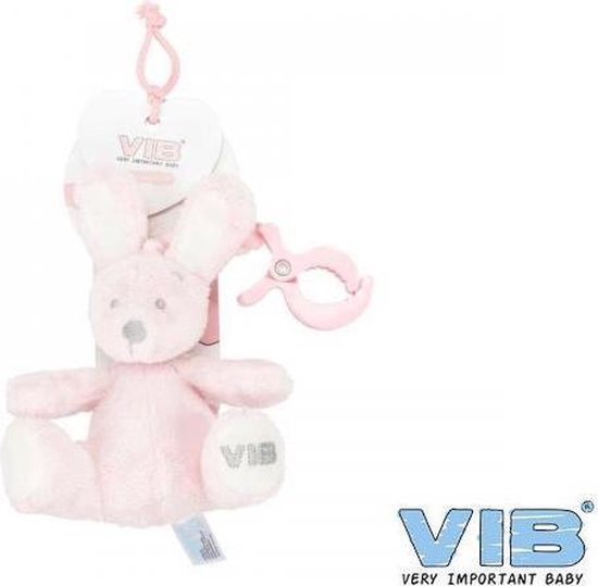 V.I.B. PLUCHE KONIJN ZITTEND ROZE MET CLIP EN TREKKOORD van VIB®