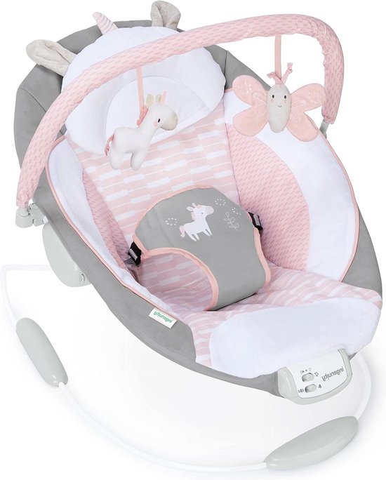 Vibrerende wip met muziek volumeregelaar - Gevoerde hoofdsteun - Veiligheidsgordel - Antislip voeten - Audrey Vlinder en eenhoorn - Roze van VIB®