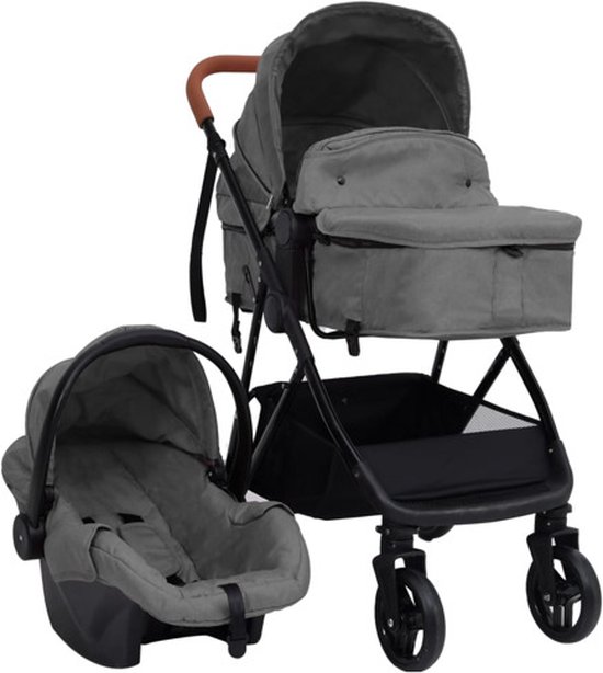 vidaXL - Kinderwagen - 3-in-1 - staal - lichtgrijs - en - zwart