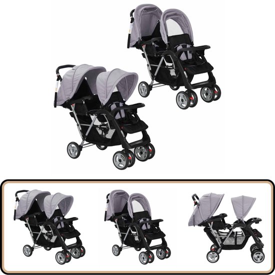 vidaXL Kinderwagen Dubbel - Grijs/Zwart - Inklapbaar Dubbele Kinderwagen - Kinderwagen Tweeling - Loopwagen - Babywagen - Stadsbuggy van VidaXL