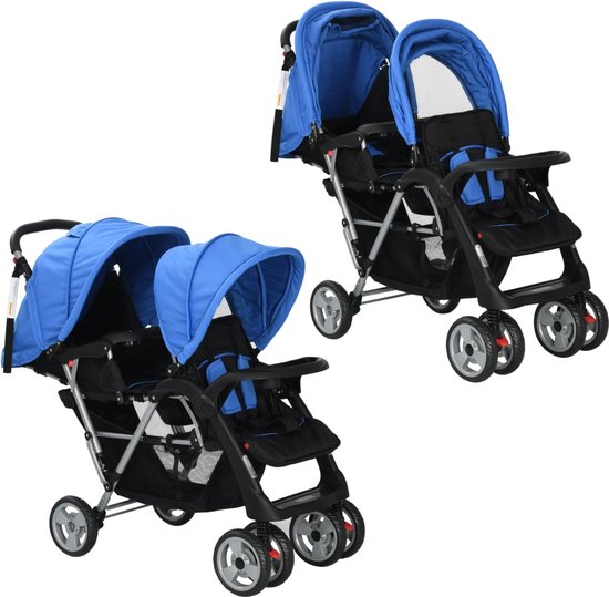 vidaXL - Kinderwagen - dubbel - staal - blauw - en - zwart van vidaXL
