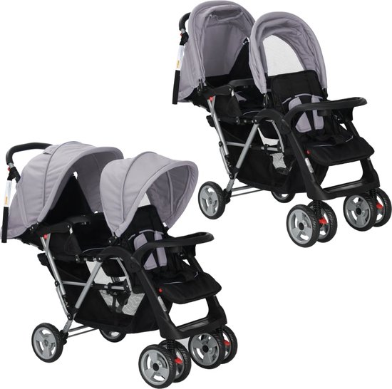 vidaXL - Kinderwagen - dubbel - staal - grijs - en - zwart van vidaXL