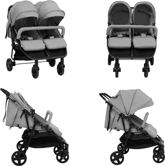 vidaXL Tweelingbuggy staal lichtgrijs en zwart - Tweeling Kinderwagen - Tweeling Kinderwagens - Kinderwagen - Kinderwagens van VidaXL