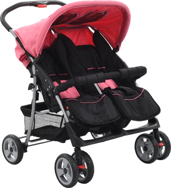 vidaXL - Tweelingkinderwagen - staal - roze - en - zwart van Vidaxl