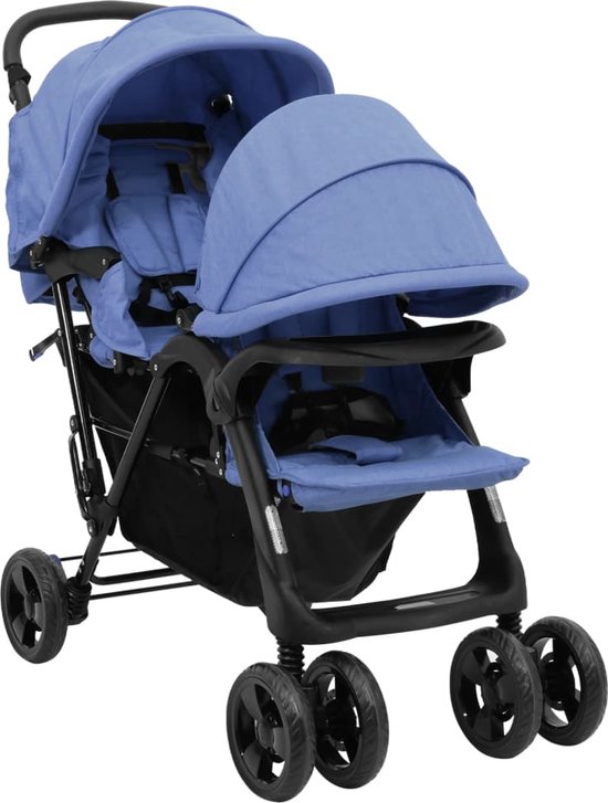 vidaXL - Tweelingkinderwagen - tandem - staal - marineblauw van vidaXL