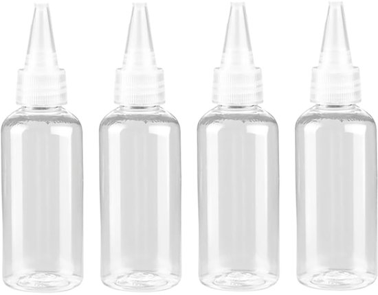 Vier plastic knijpflessen van 60 ml, kleine lege spuitflessen, verf, lijm, inkt-applicators, haarverfflessen, druppelflesjes, navulbare vloeistofapplicators van Merkloos