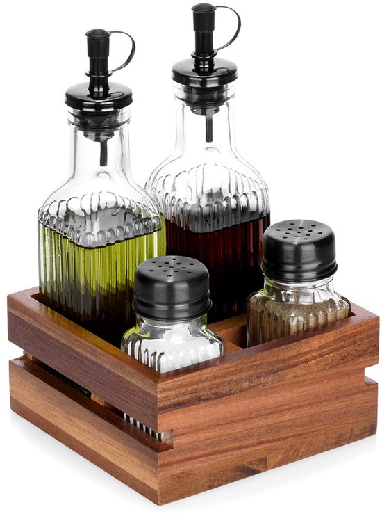 Vilde - Set van Flessen voor Olie en Azijn - In Houder - Glas en Hout van Merkloos