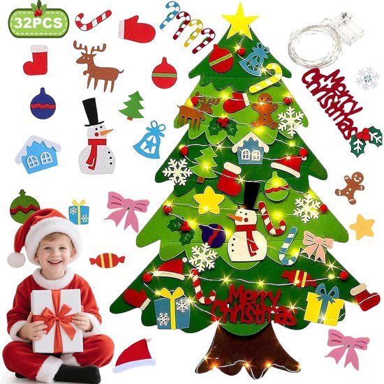 Vilten Kerstboom voor Kinderen - 32 ornamenten Vilten kerstboom met 3 meter Lichtslang - Montessori Speelgoed - Mini Kerstboom - Kersthangers - DIY kerstversieringen - Kerstdecoratie