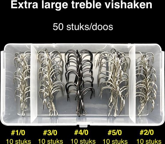 Vishaakjes - Vishaakjes set - Dreg - Treble vishaken set - Dreghaak - Vissen - Visdoos - 50 stuks - XL - Maat 1/0 2/0 3/0 4/0 5/0 van Lunéy