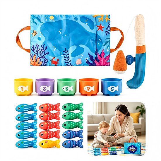 Visspel voor Kinderen - 15 Vissen, 5 Bekers en Hengel - Jouets de pêche Magnétique 3D - Jeu Éducatif Pour Bébé Et Enfant - Blauw van Huipooh
