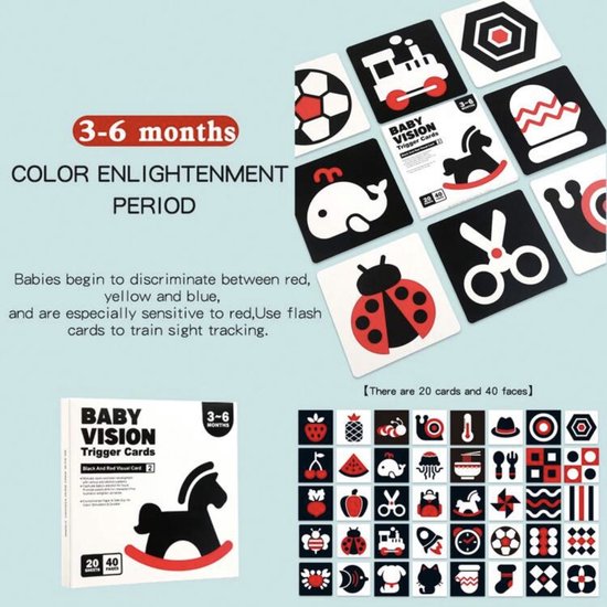Visuele Stimulatiekaarten Baby 3-6 Maanden - Zwart-Wit Contrast voor Optimale Breinontwikkeling - Waterafstotend, Veilig & Duurzaam - 20 Dubbelzijdige Kaarten (14x14 cm) van Merkloos