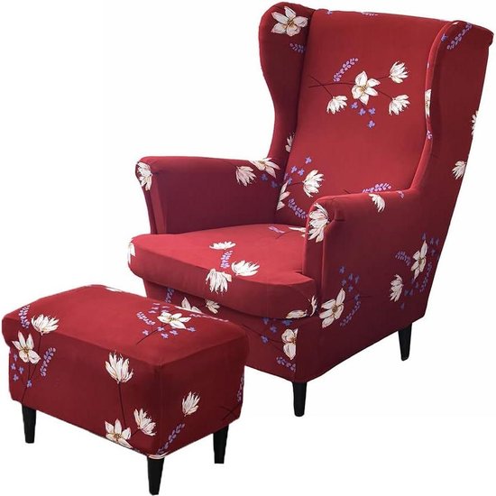 Vleugelstoelhoezen 2-delig met hoes voor poef - rekbare wasbare hoes - elastaan meubelbeschermer voor fauteuil stoelen - slaapkamer hotel (rode bloem) van Jaelhu