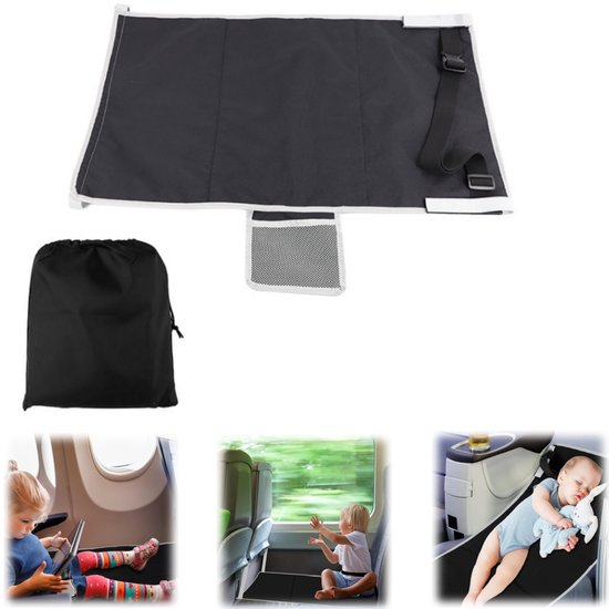 Vliegtuigbedje – Stoelverlenger – Luchtvaart babybedje – Voetensteun vliegtuig – Voetensteun in hangmatstijl – Draagbaar slaapbedje – Vliegreizen reisaccessoire – Opvouwbaar – Om te rusten en te spelen in vliegtuigen, auto's (Zwart – 79 x 44 cm)