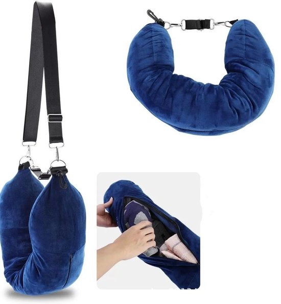 Vliegtuigreiskussen, vulbaar nekkussen voor in het vliegtuig, reiskussen van kristalfluweel, multifunctioneel, draagbaar met afneembare en verstelbare banden, extra opbergruimte (blauw) van Merkloos