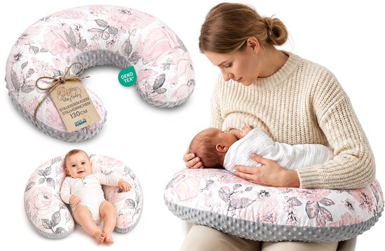 Voedingskussen baby 130 cm C-vorm borstvoedingskussen Nursing Pillow – afneembare Minky hoes ergonomisch wasbaar pasgeboren zacht ademend – OEKO-TEX gecertificeerd Wilde Roos Grijs