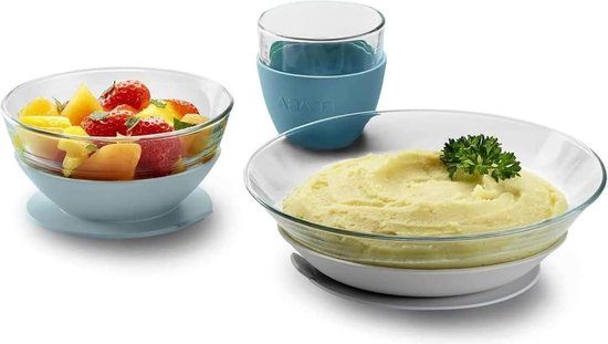 Voedingsmaaltijdset - Set van 3 stuks: bord + kom + beker - met siliconen zuignap - ergonomisch aanpasbaar veilig - Baby en kinderen - Made in France - Groen. van Kindsgut