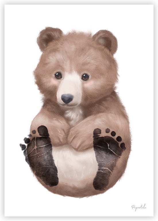 Voetafdruk baby – Beer – Poster kinderkamer – Kraamcadeaus – Babyshower – Complete set met reserveposter, instructies en een inktkussen van Merkloos