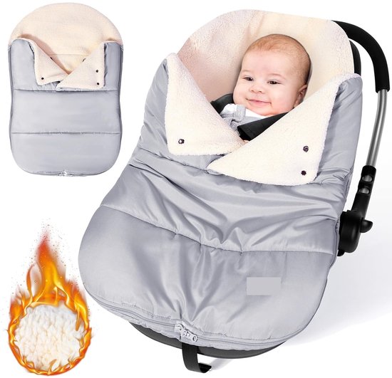 Voetenzak babyschaal winter, universele baby wikkeldeken winter met verstelbare kraag, warme berberfleece voering, ritssluiting, geschikt voor Maxi-Cosi, Cybex, Romeinen enz. (lichtgrijs)