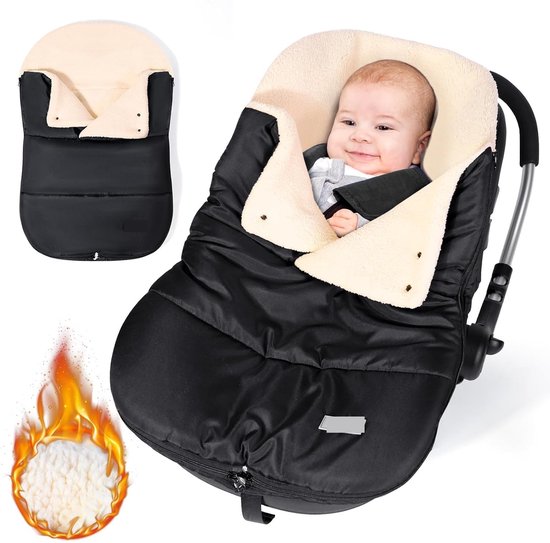 Voetenzak babyschaal winter, universele wikkeldeken, babyschaal winter met verstelbare kraag, warme berberfleece voering, ritssluiting, geschikt voor Maxi-Cosi, Cybex, Romeinen enz. (zwart)