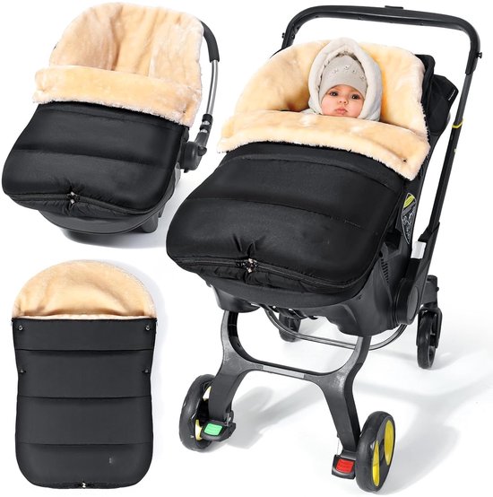 Voetenzak babyschaal winter, verstelbare babyzitjesdeken voor baby met ritssluiting, warme wikkeldeken, babyschaal met lamsvacht, waterdichte pongé-stof, elegant zwart