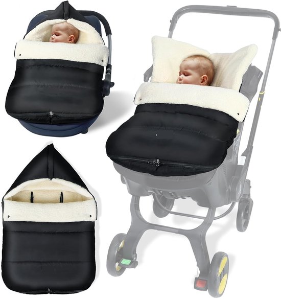 Voetenzak babyschaal winter, warme voetenzak babyzitje, universele babyzitjesdeken voor baby met berbervlies, waterdichte pongé-stof, zwart