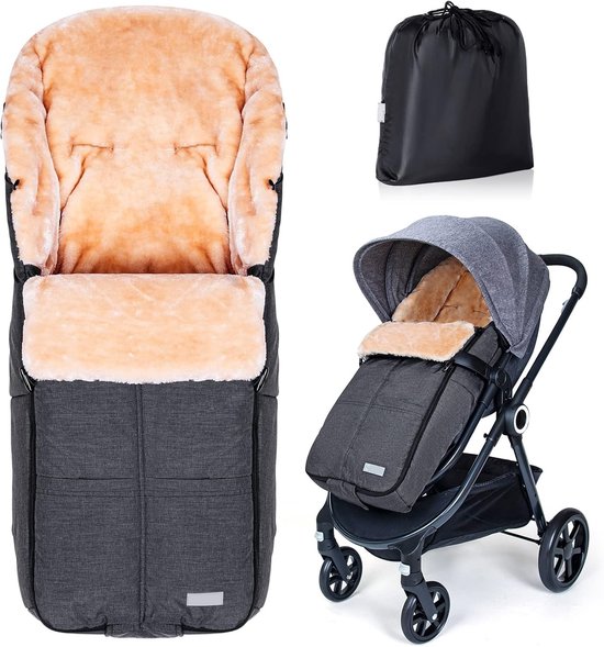 Voetenzak buggy, kunstmatige lamsvacht voetenzak kinderwagen baby winter met ritssluiting, afneembaar, universeel en waterdicht, machinewasbaar, donkergrijs