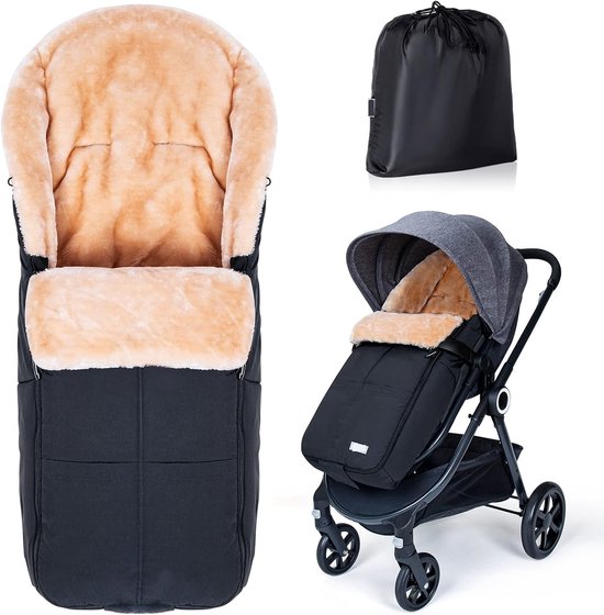 Voetenzak buggy, kunstmatige lamsvacht voetenzak kinderwagen baby winter met ritssluiting, afneembaar, universeel en waterdicht, machinewasbaar, zwart