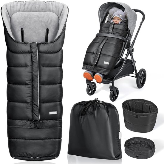 Voetenzak kinderwagen, meegroeiende voetenzak, buggy met verwisselbare bodem, waterdichte voetenzak, kinderwagen baby met ritssluiting, universeel, warm en antislip, 97/117 x 44 cm, zwart