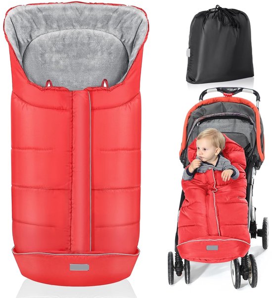 Voetenzak kinderwagen, voetenzak, buggy, voetenzak, kinderwagen, winter, met Wamres koraalfleece, ritssluiting, antislip bescherming en reflecterende strepen, universeel en waterdicht, rood - Lang (97 * 44 cm)
