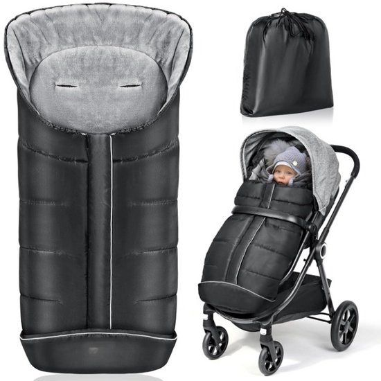 Voetenzak kinderwagen, voetenzak, buggy, voetenzak, kinderwagen, winter, met Wamres koraalfleece, ritssluiting, antislip en reflecterende strepen, universeel en waterdicht, zwart - Lang (97 * 44 cm)