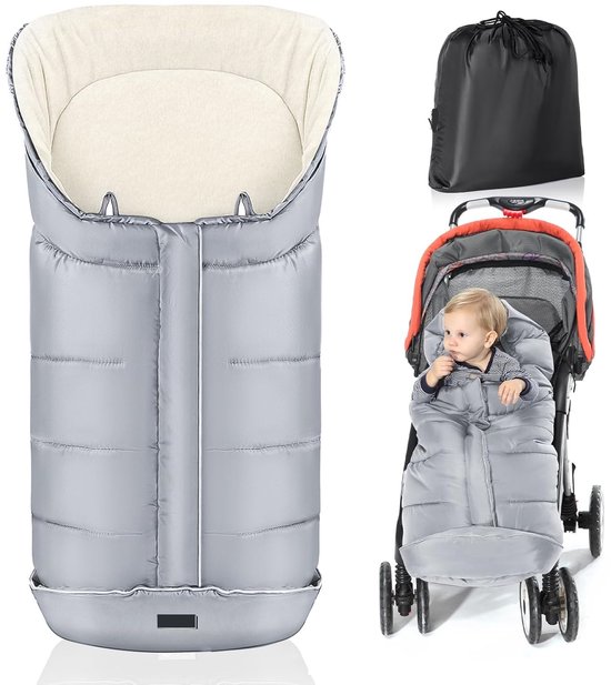 Voetenzak kinderwagen winter, voetenzak buggy voetenzak kinderwagen baby winter met Wamres koraalfleece ritssluiting, anti-slip bescherming en reflecterende strepen, waterdicht, elegant grijs - Lang (97 * 44 cm)