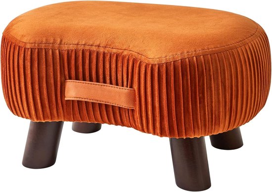 Voetkruk met handvat - Opstapkruk met zacht kussen - Fluweel - Massief hout - Oranje - 40 x 28 x 23 cm van WOOOD
