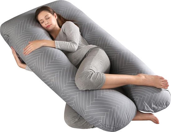 Volledig lichaamskussen voor zwangerschap - U-vormig lang thuis kussen voor slapen - afneembare wasbare katoenen kussensloop (70 x 145 cm gestreept grijs) Lichaamskussen van Niimo