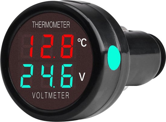 voltmeter, 2-in-1 DC, 12 V, 24 V, 36 V, temperatuurmeter, accuspanningsmeter voor auto, vrachtwagen, bus (rood + groen)