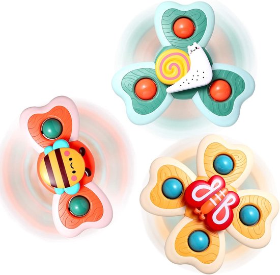 VONKELIOS®3 stuks zuignap draaispeelgoed voor baby's vanaf 6 maanden, insect fidget spinner sensorisch badspeelgoed voor peuters, draaispeelgoed voor kinderstoelen voor kinderen