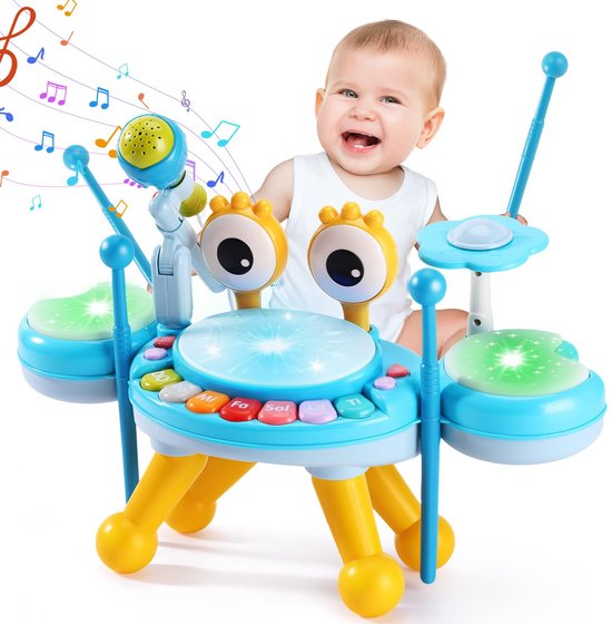 VONKELIOS®Babydrumstel in krabvorm - elektronische drumkit voor peuters met microfoon en maraca's - oplichtend muziekinstrumentenspeelgoed voor jongens en meisjes van 1-3 jaar - vroegeducatief percussiespeelgoed - verjaardagscadeau