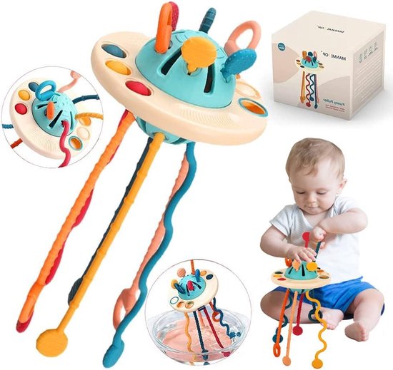 VONKELIOS®Babyspeelgoed 1 2 3 jaar, Montessori-speelgoed 1 jaar, sensorisch speelgoed voor baby's, bijtspeelgoed voor baby's van 6 9 18 maanden, UFO-siliconen trektouwspeelgoed, cadeau voor meisjes en jongens