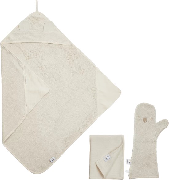 Voordeelset - The Original Baby Shower Glove met 2-in-1 Badcape en Hydrofiele Doek - Nifty - Baby Washandje - Lange washand - Badcape 100x100 - Washandje Baby - Biologisch Katoen – Vanille