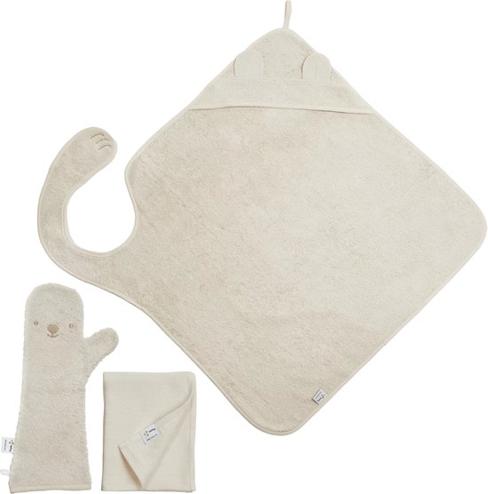 Voordeelset - The Original Baby Shower Glove met Handsfree Badcape en Hydrofiele doek - Nifty - Baby Washandje - Lange washand - Badcape 100x100 - Washandje Baby - Biologisch Katoen – Vanille